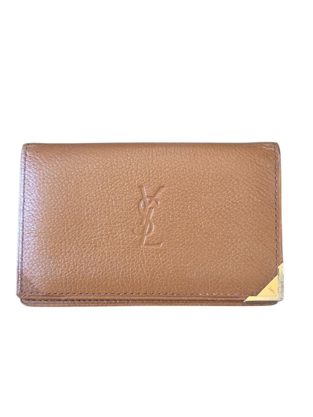 Saint Laurent Brown Leather Card Wallet with Gold Corner Accent